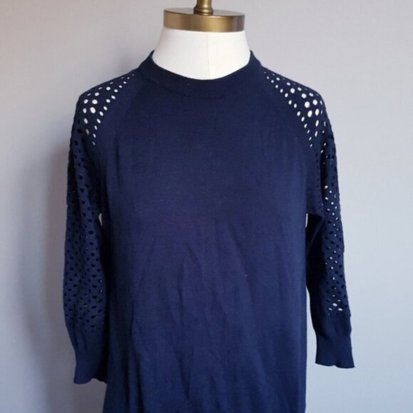 Marc Jacobs Navy Blue Wool Perforated Holes 3/4 Sleeve Knit Top Sweater - XS/S - Picture 2 of 6
